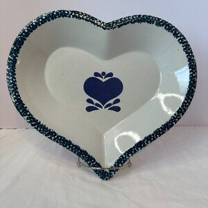 Stoneware Heart shaped Pie/Cake Baking Dish; Blue & White Glazed Ceramic Vintage